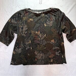 Forest Animals Black & Fall Colors Foliage 3/4 Sleeve Cotton Blend Top CJ Banks